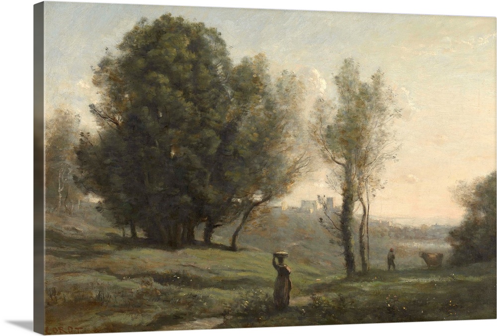 Landscape, by Camille Corot, c. 1872, French painting, oil on canvas. Scene in Les Landes, south of Bordeaux, France. Peas...