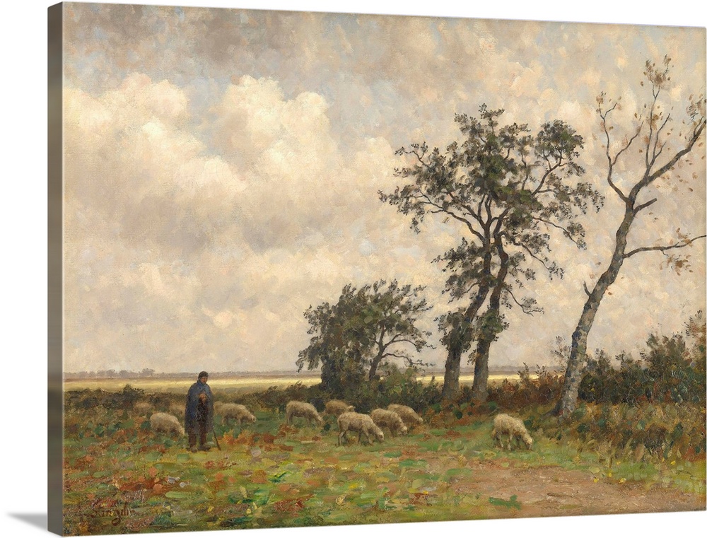 Landscape in Drenthe, by Alphonse Stengelin, 1875-1910, Dutch painting, oil on canvas. A shepherd with a flock of sheep wi...