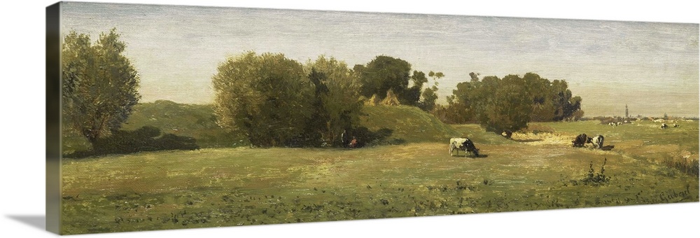 Landscape near Abcoude, Paul Joseph Constantin Gabriel, 1860-70, Dutch painting, oil on panel. Cows in pasture near ancien...