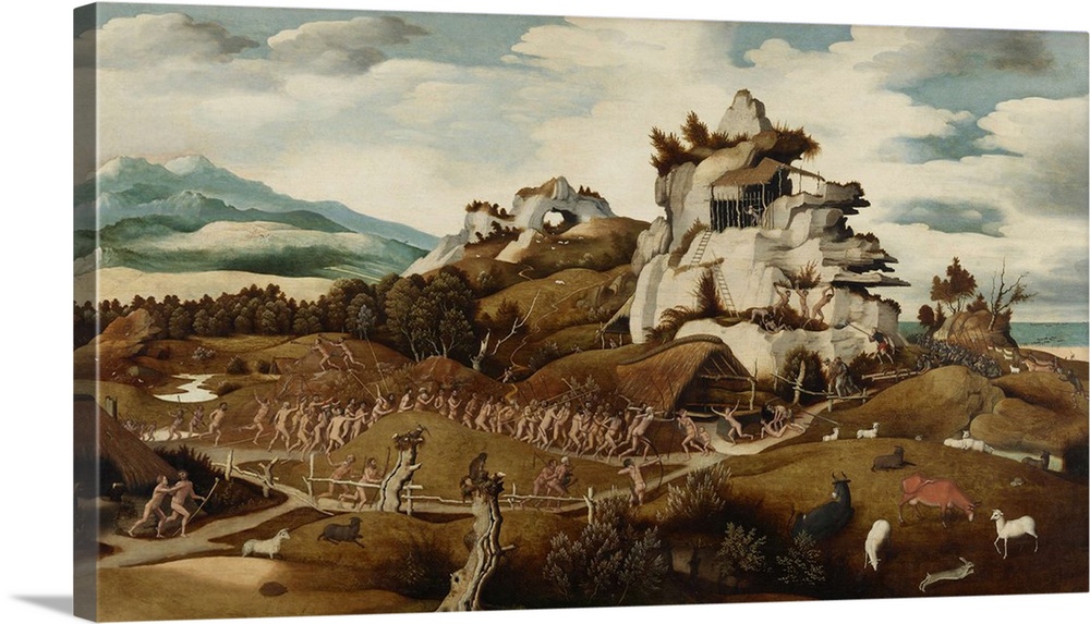 Landscape with an Episode from the Conquest of America, by Jan Mostaert, c. 1535, Netherlandish painting, oil paint. Spani...