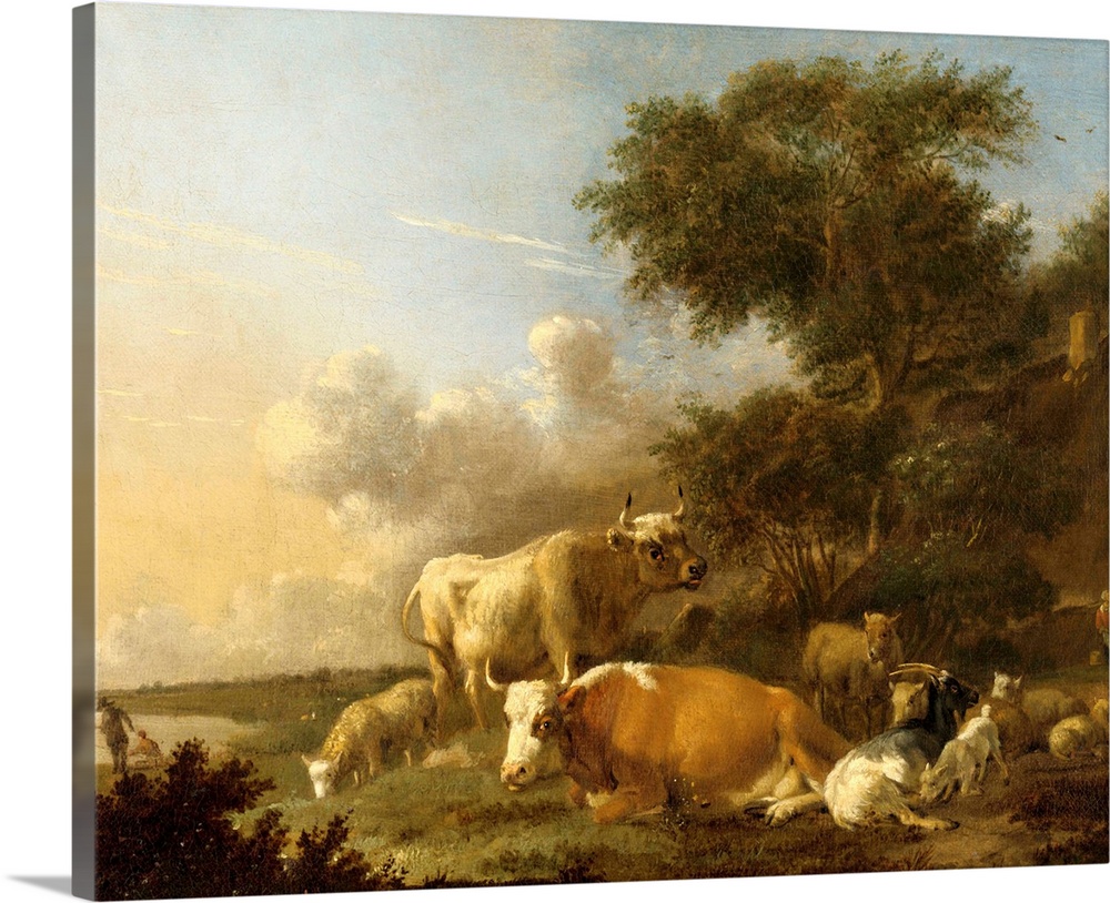 Landscape with Cows, by Albert Klomp, 1640-88, Dutch painting, oil on canvas. Animals include sheep and goats. In left bac...