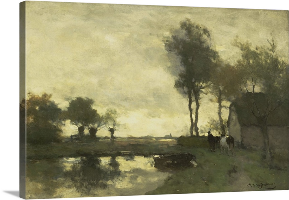 Landscape with Farm with a Pond, by Johan Hendrik Weissenbruch, 1870-1903, Dutch oil painting on canvas. A farmer leads a ...