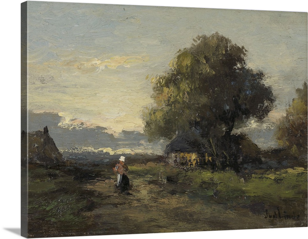 Landscape with Farmhouses, by Jan van der Linde, c. 1905-45, Dutch painting, oil on panel. A woman walks on a country road...