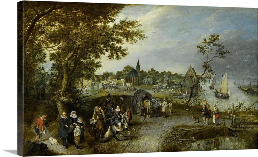 Landscape with Figures and a Village Fair, by Adriaen van de Venne, 1615, Dutch oil painting. In the foreground are a begg...