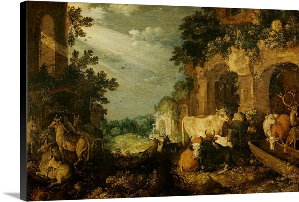 Landscape with Ruins, Cattle and Deer, by Roelant Savery, 1614-20, oil on panel. A buck and doe are at a watering trough w...