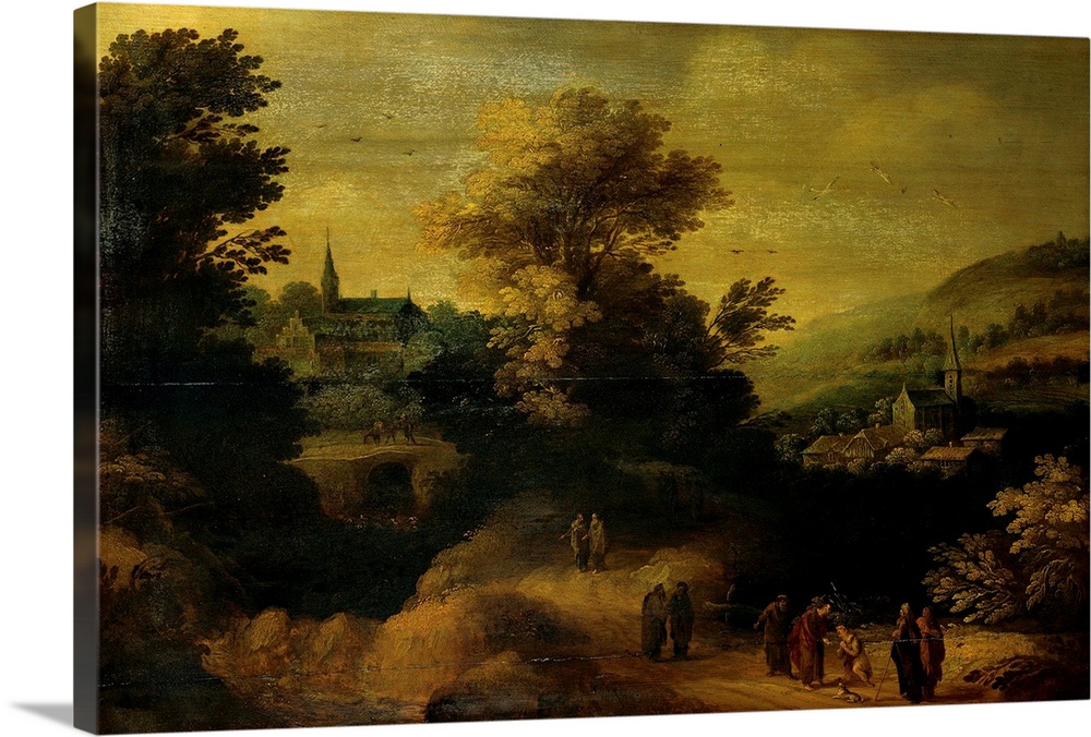 probably probably Flemish painter, Landscape with the Healing of the Blind Man, 17th Century, oil on panel, Italy, Lombard...