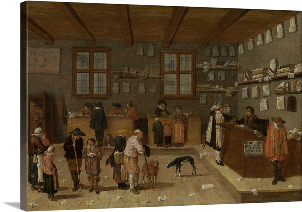 Lawyer's Office, by Pieter de Bloot, 1628. Dutch painting, oil on panel. A waiting line of customers for three lawyers who...