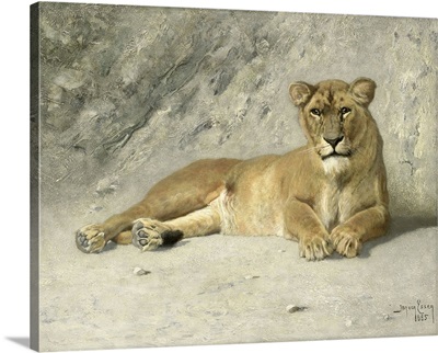 Lioness Resting, by Jan van Essen, 1885, Dutch painting, oil on panel