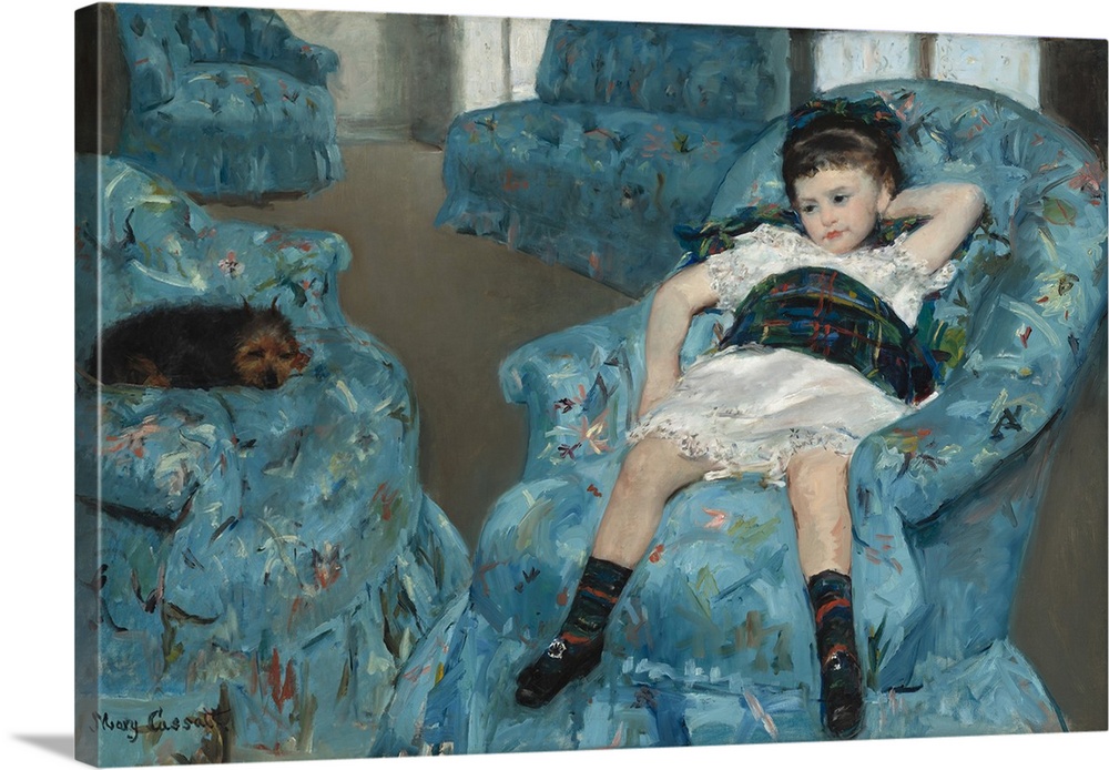 Little Girl in a Blue Armchair, by Mary Cassatt, 1878, American painting, oil on canvas. The girl's pose, sprawled in a la...