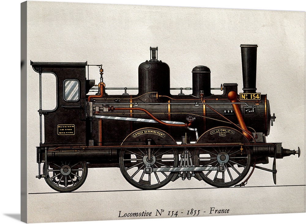Engraving. Locomotive N.154. 1855. Paris Arts Decoratifs.