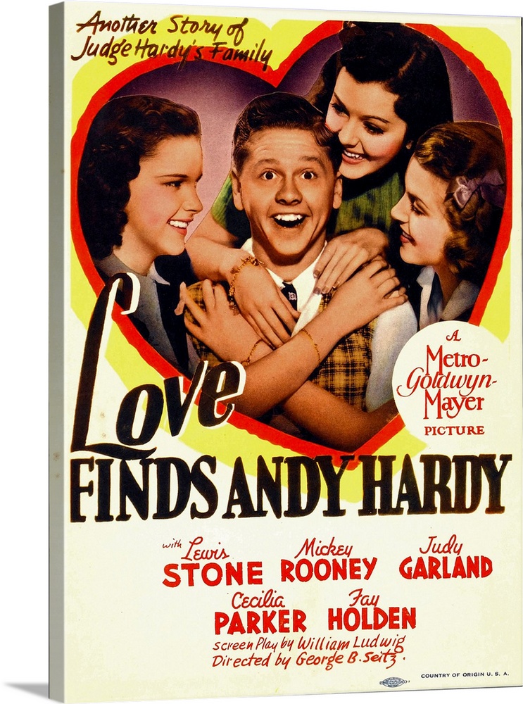 LOVE FINDS ANDY HARDY, from left: Judy Garland, Mickey Rooney, Ann Rutherford, Lana Turner on midget window card, 1938