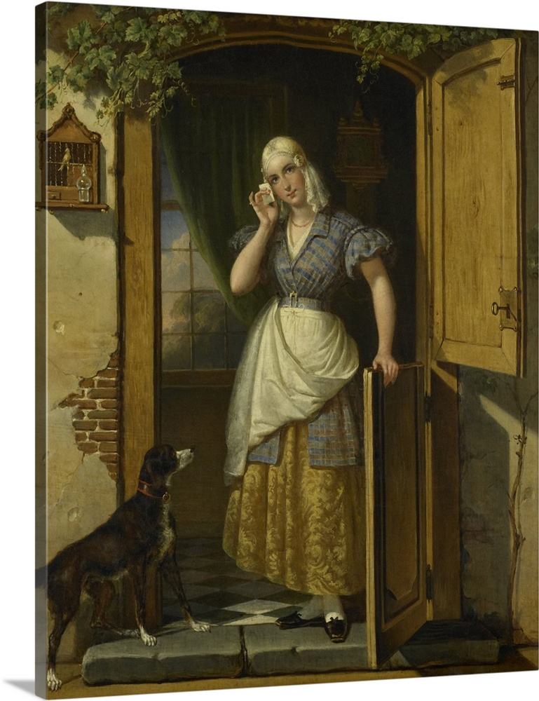 Love Note, by Johannes Hendrik van West, 1838, Dutch painting, oil on canvas. A young woman in the doorway of a house hold...