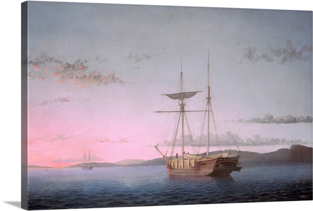 Lumber Schooners at Evening on Penobscot Bay, by Fitz Henry Lane, 1863, American oil painting. Lane created marine paintin...