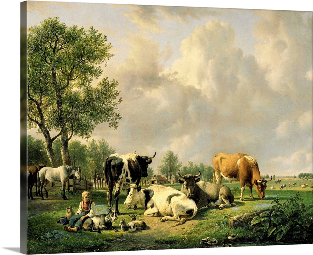 Meadow with Animals, by Jan van Ravenswaay, 1820-37, Dutch painting, oil on canvas. Pasture with cows and a boy with goats...