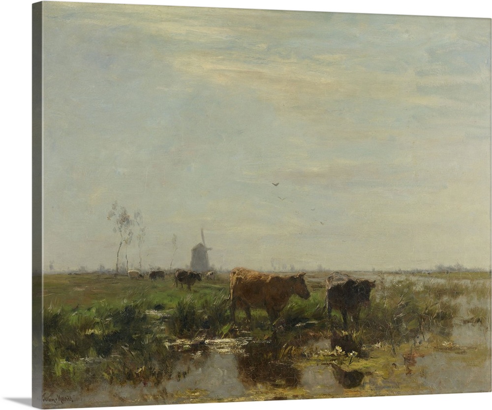 Meadow with Cows by the Water, by Willem Maris, 1895-1904, Dutch painting, oil on canvas. Polder landscape with cows and a...