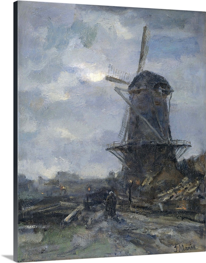 Mill at Moonlight. By Jacob Maris, c. 1899, Dutch painting, oil on canvas. Windmill in the foreground on a dirt road with ...