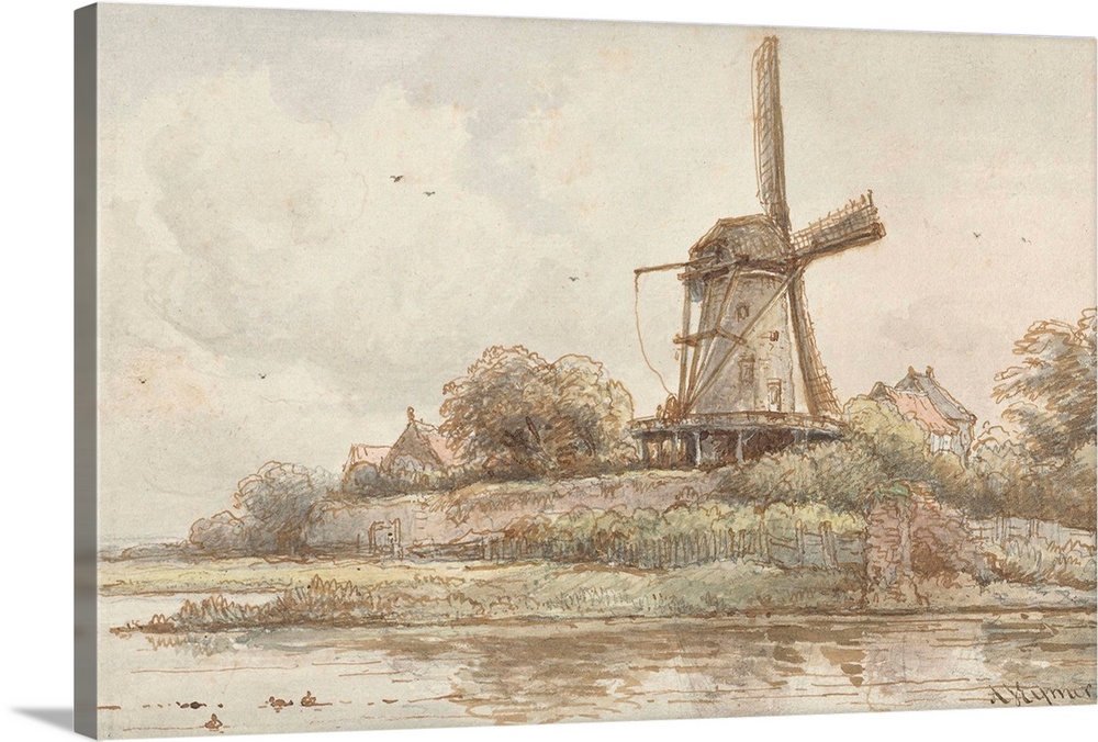 Mill on Ramparts, by Arnoldus Johannes Eymer, 1830-60, Dutch watercolor painting. Windmill built on city walls next to a c...