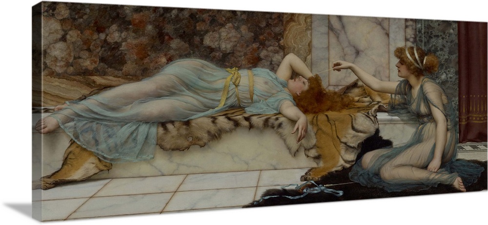 Mischief and Repose, by John William Godward, 1895, English painting, oil on canvas. Godward was a virtuoso painter of dia...