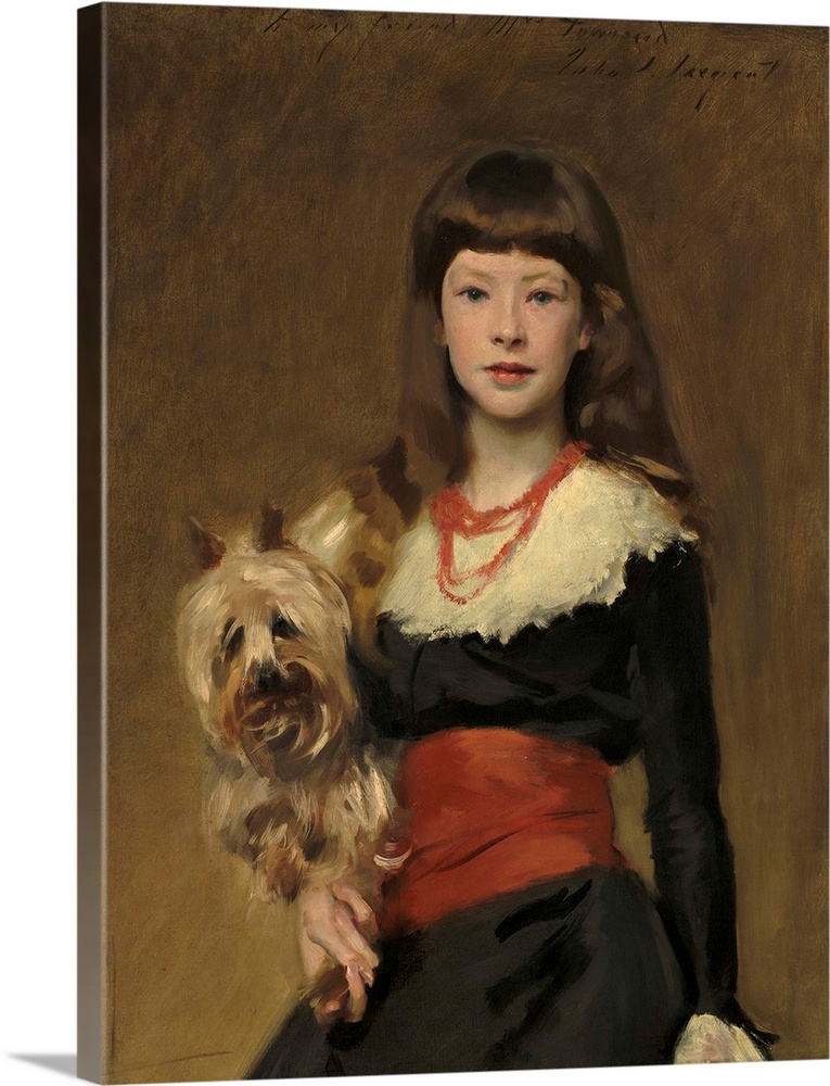 Miss Beatrice Townsend, by John Singer Sargent, 1882, American painting, oil on canvas. The girl holds her pet terrier, in...