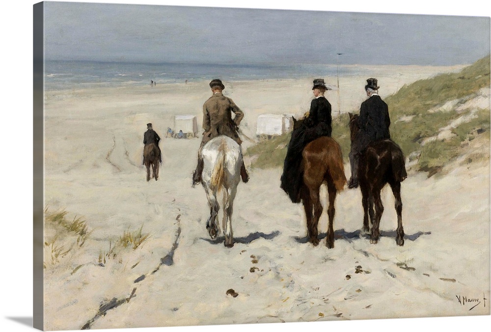 Morning Ride along the Beach, by Anton Mauve, 1876, Dutch painting, oil on canvas. Three bourgeois riders descend to the b...