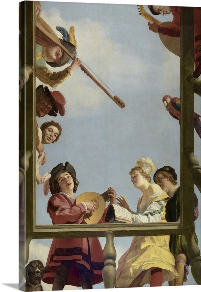 Musical Group on a Balcony, by Gerrit van Honthorst, 1622, Dutch painting, oil on canvas. Festive singers look down from a...