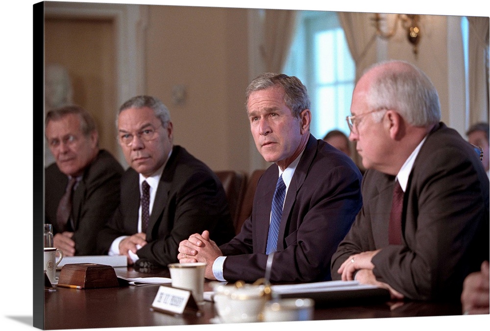 National Security Council on Sept 12, 2001, the day following the 9-11 Terrorist Attacks. L-R: Donald Rumsfeld, Secretary ...