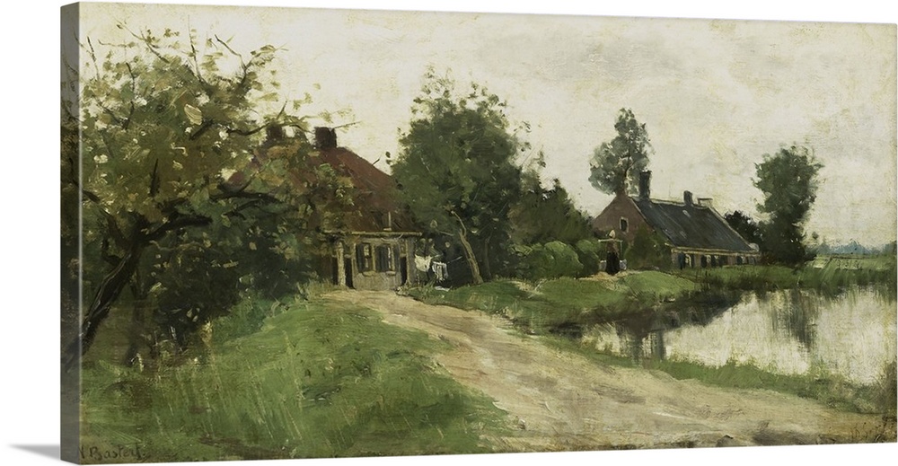 Near Breukelen on the Vecht, by Nicolaas Bastert, c. 1870-23, Dutch painting, oil on panel. Farm houses on the Vecht River...
