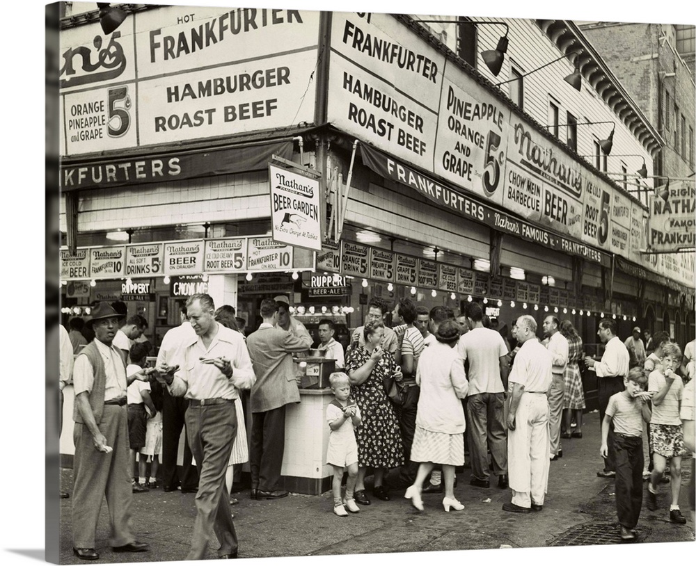 New York City Street Corner With Customers Ordering And Eating Nathan's Hot Dogs