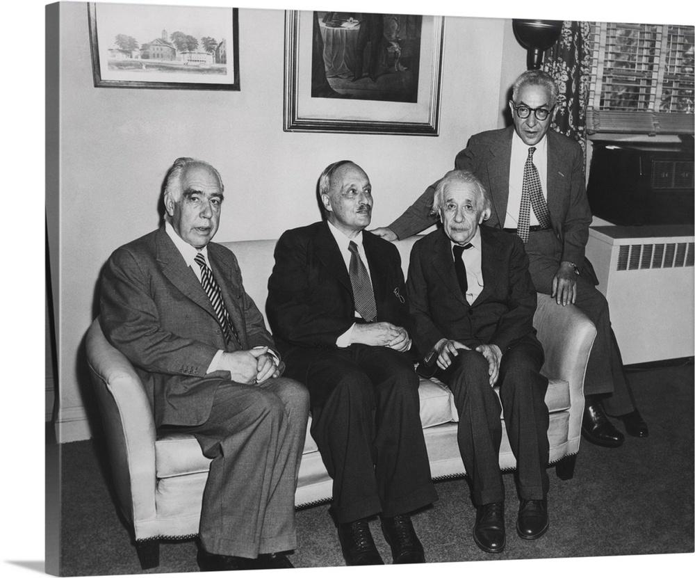 Portrait of four famous nuclear physicists. L-R: Niels Bohr; James Franck; Albert Einstein; and Isidor Rabi. All were Nobe...