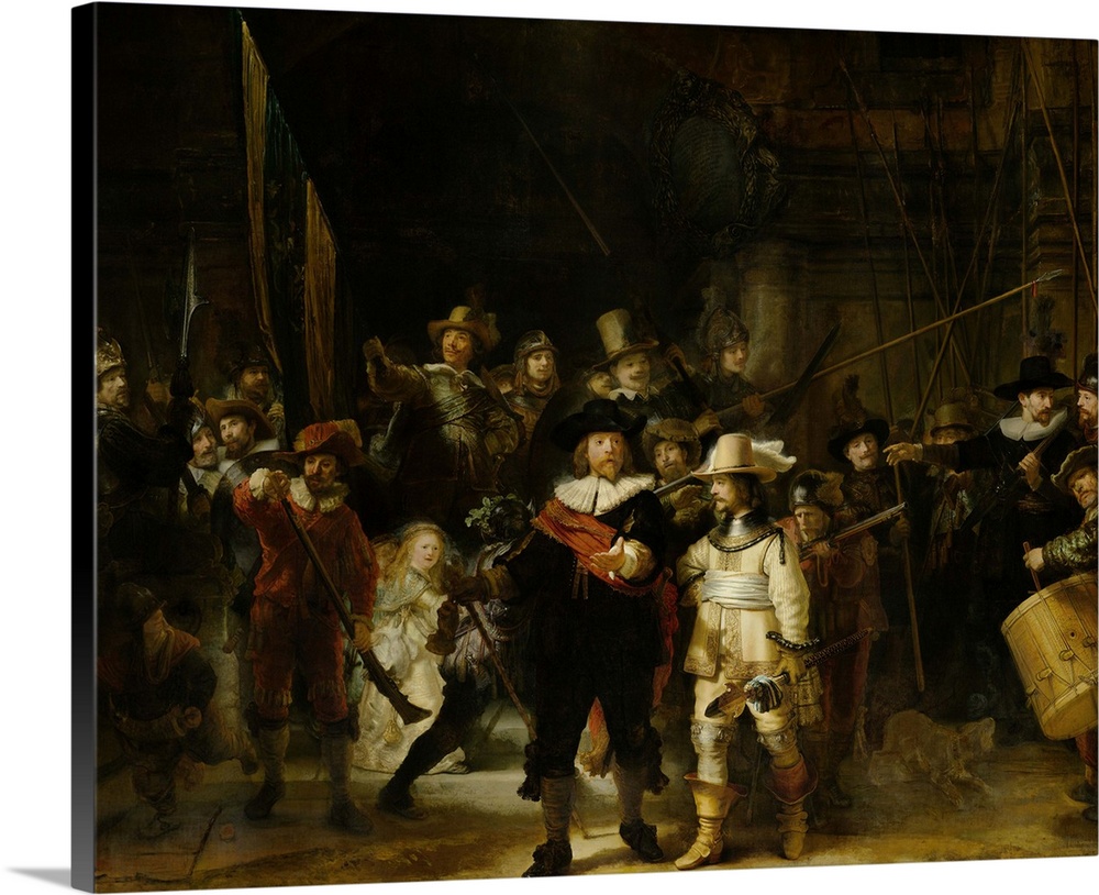 Night Watch, by Rembrandt van Rijn, 1642, Dutch painting, oil on canvas. The painting, originally titled 'Militia Company ...