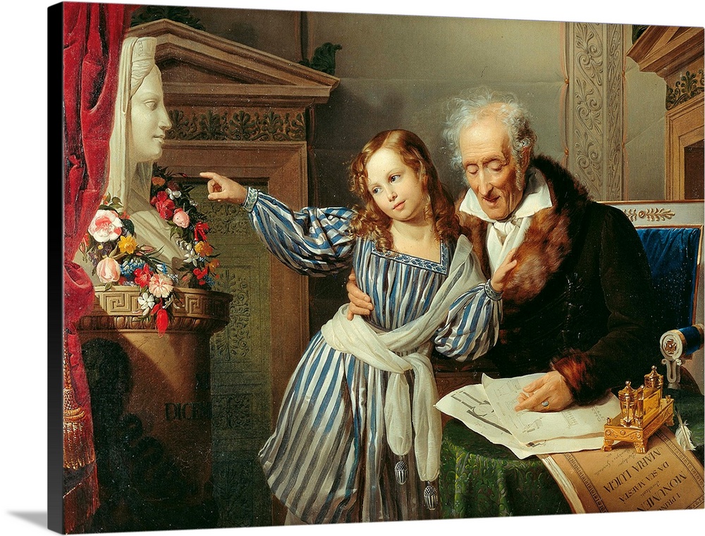 Old Man Showing His Little Niece the Herm of Maria Luigia, by Giuseppe Molteni, 1830, 19th Century, oil on canvas, cm 99,1...