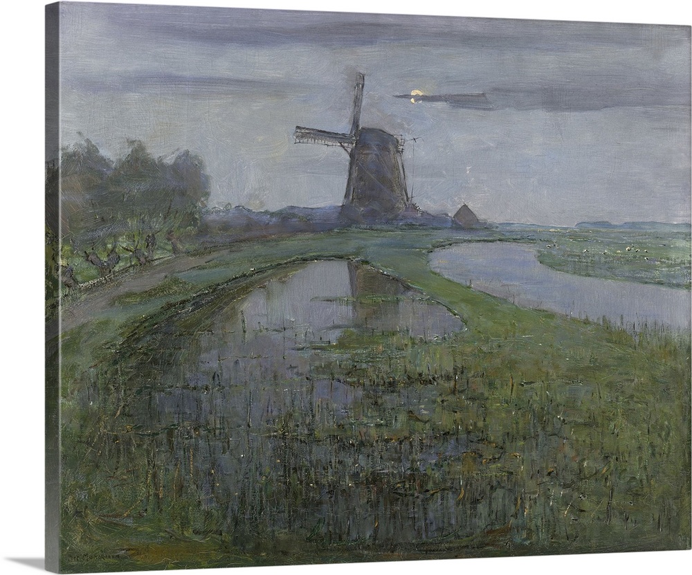 Oostzijdse Mill along the River Gein by Moonlight, by Piet Mondrian, c. 1903, Dutch oil painting. Under the influence of A...