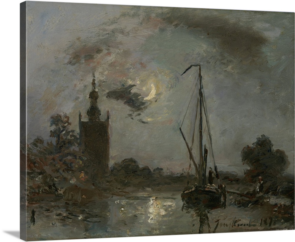 Overschie in the Moonlight, by Johan Barthold Jongkind, 1871, Dutch painting, oil on canvas. Near Rotterdam, a sailboat is...
