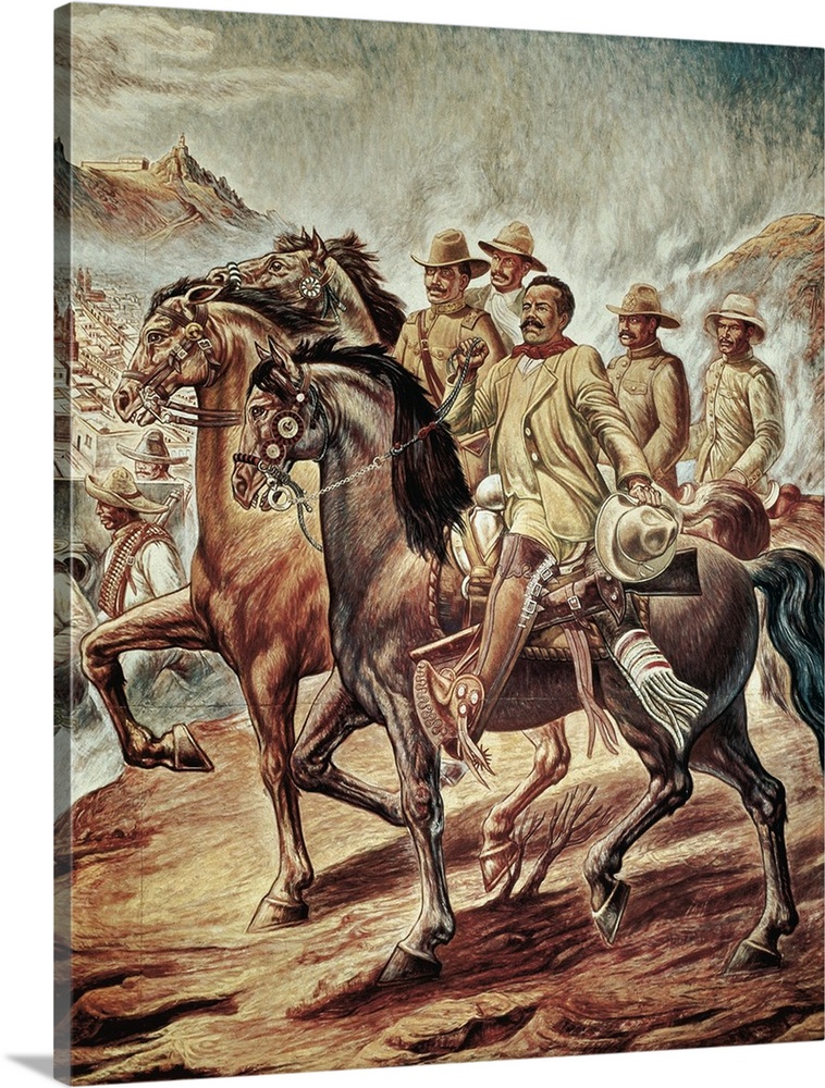 Villa, Pancho (1878-1923). Mexican revolucionary leader, also known as Francisco Villa. Painting of the Battle of Zacateca...