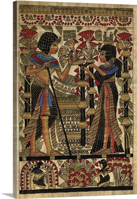 Papyrus, Pharaoh and wife, Egyptian painting