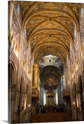 Parma Cathedral. Romanesque Interior Nave and Vaults with Fresco painting. Italy