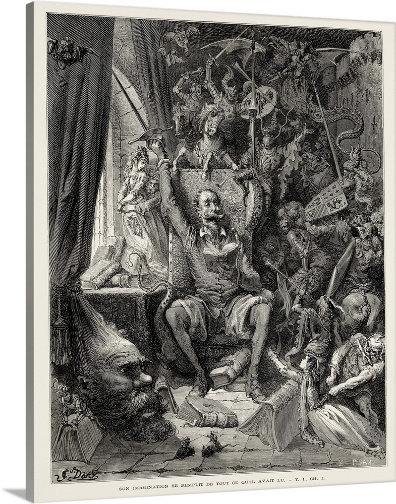 Gustave Dore Don Quixote In Library Of Imagination Real Canvas Art Print New 