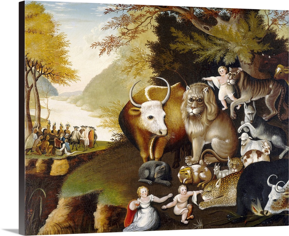 Peaceable Kingdom, by Edward Hicks, c. 1834, American painting, oil on canvas. Hicks painted 62 versions of this work, fea...