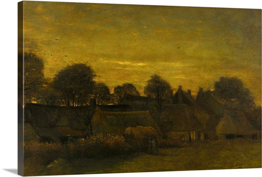 Peasant Village at Dusk, by Vincent van Gogh, 1884, Dutch painting, oil on canvas. Rural village evening light. Several lo...