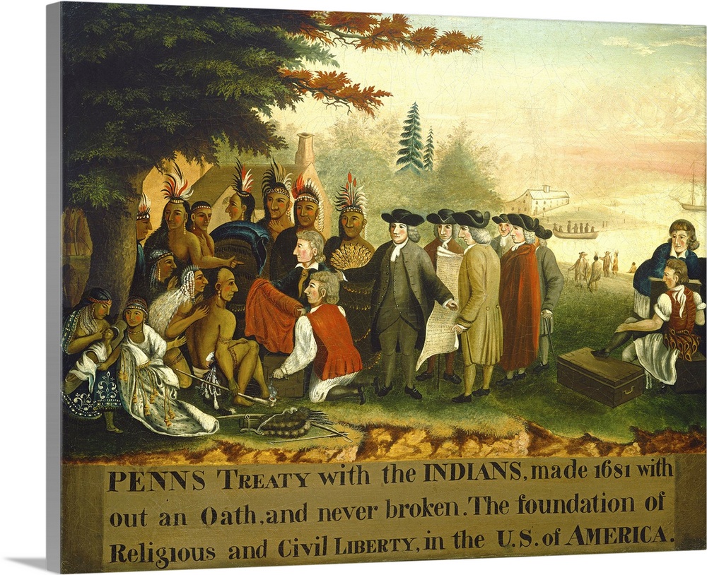 Penn's Treaty with the Indians, by Edward Hicks, 1840-44, American painting, oil on canvas. William Penn entering into pea...