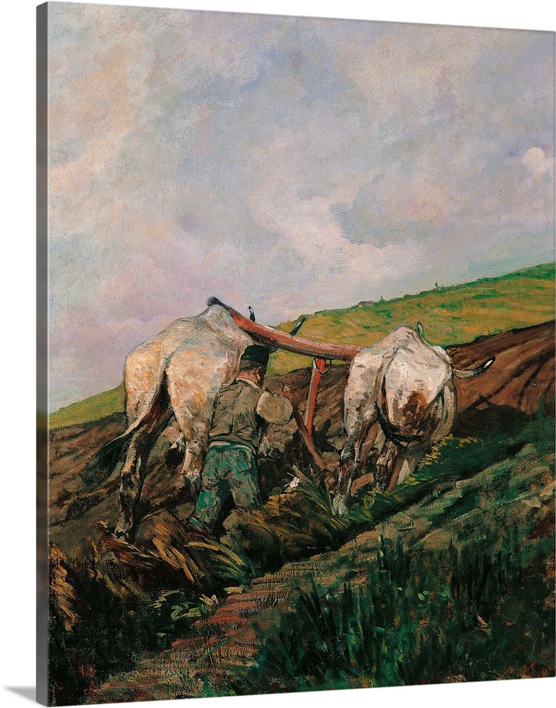 Ploughing, by Giovanni Fattori, 1880 - 1882, 19th Century, cm 102 x 80 - Italy, Lombardy, Milan, Private Collection. Oxes ...