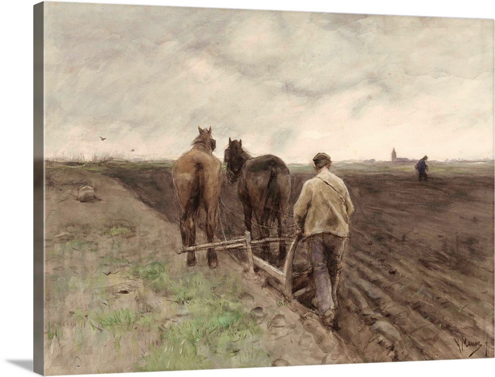Plowing Farmer, 1848-88, Dutch watercolor painting by Anton Mauve. In distance another farmer sows seeds. In far distance ...