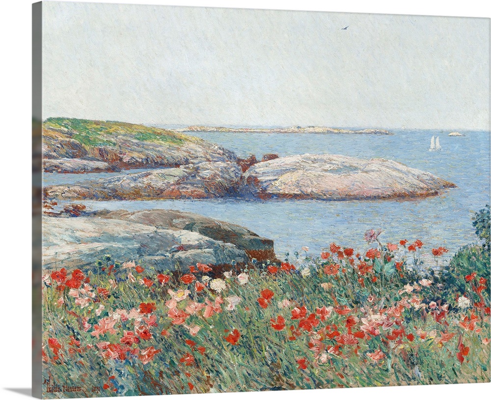 Poppies, Isles of Shoals, by Childe Hassam, 1891, American impressionist painting, oil on canvas. This view, centered on a...