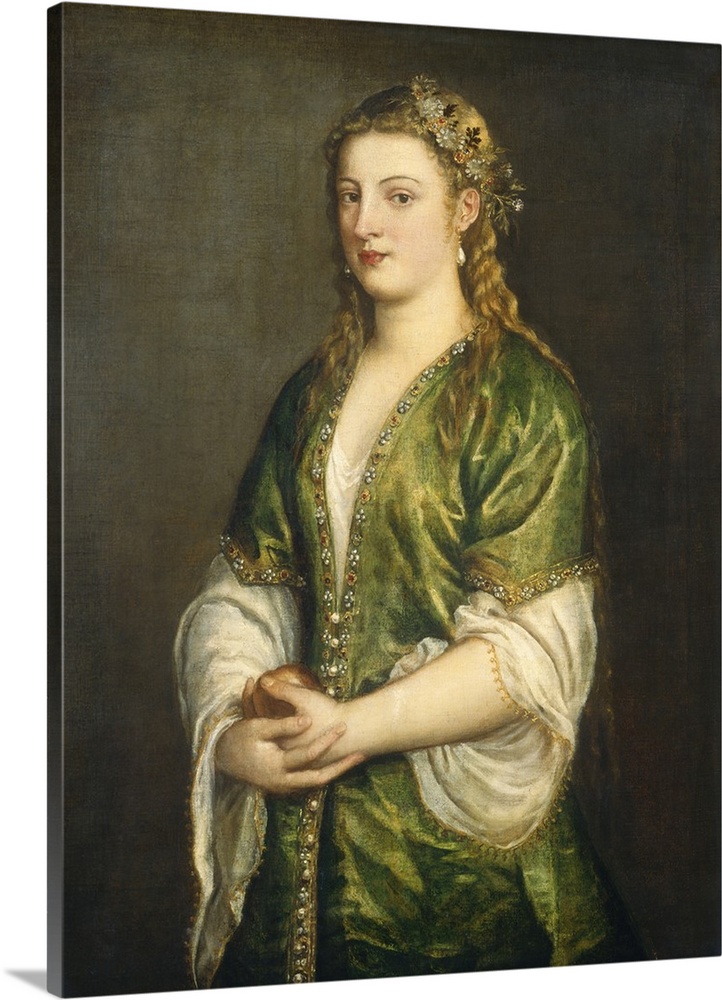 Portrait of a Lady, by Titian, 1555, Italian Venetian painting, oil on canvas. The unnamed young Venetian woman wears a wh...