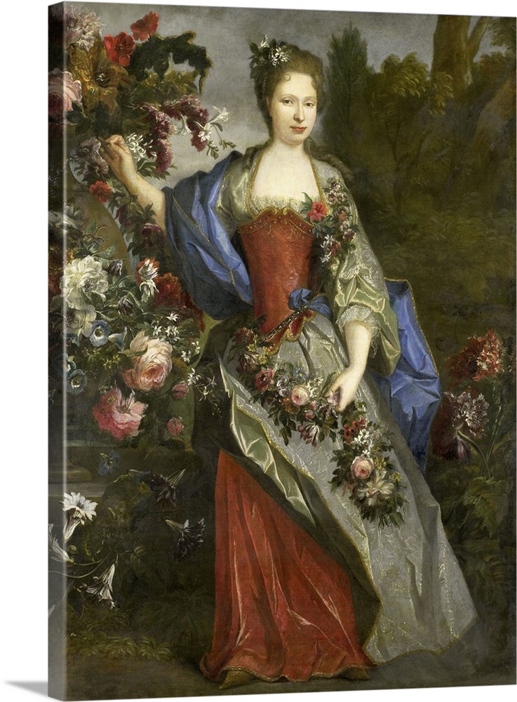 Portrait of a Woman, as Flora, by school of Nicolas de Largilliere, 1690-1740, French oil painting. According to tradition...