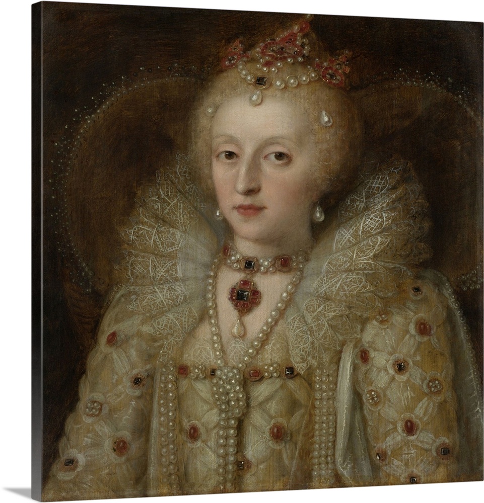 Portrait of Elizabeth I, Queen of England, by Anonymous, c. 1550-99, European painting, oil on panel. The Queen wears a dr...