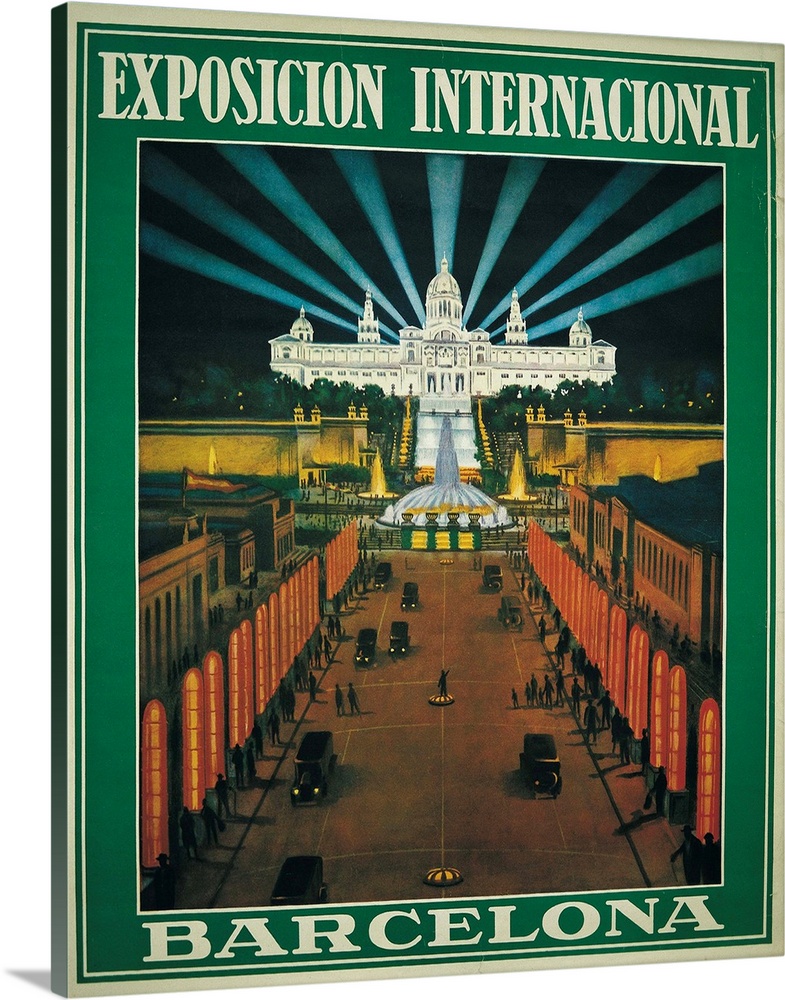 Barcelona International Exhibition. 1929. Poster from an illustration by R. Bas. View of Paseo de Maria Cristina with the ...