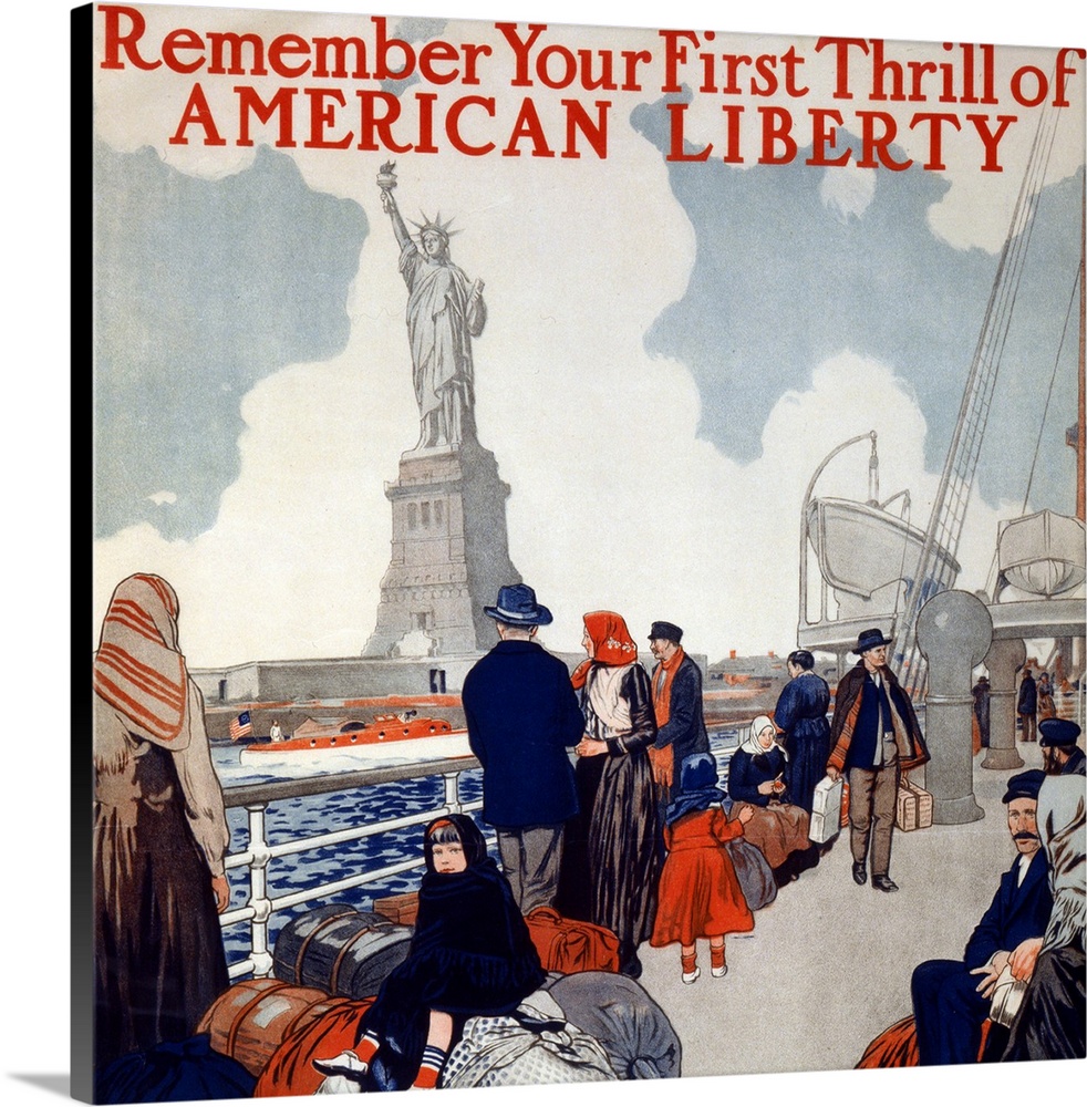Poster showing immigrants on a ship's deck, sailing past the Statue of Liberty
