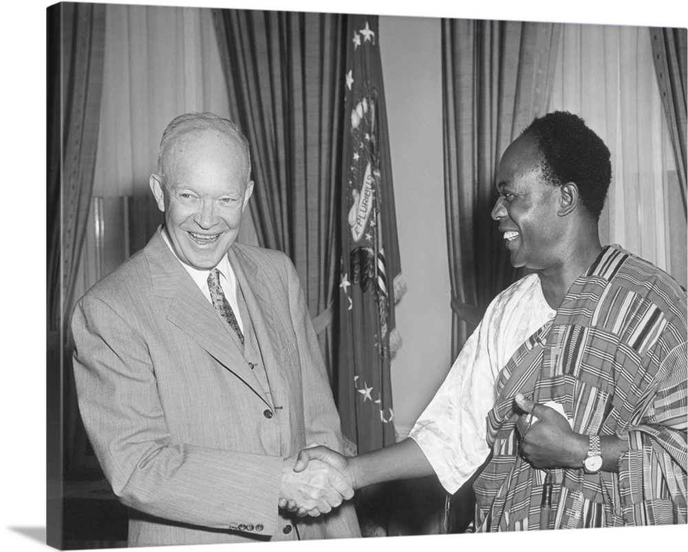 President Eisenhower with Kwame Nkrumah, President of Ghana. Nkrumah is wearing a traditional garment made of Kente Cloth....