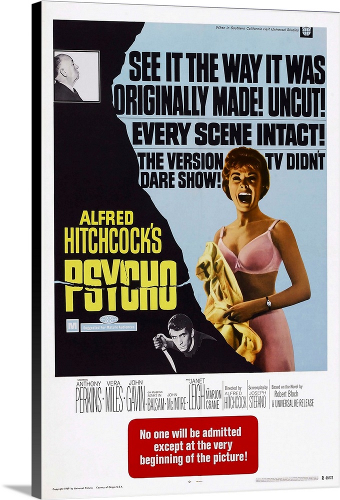 PSYCHO, Alfred Hitchcock (top left), Anthony Perkins, Janet Leigh, 1960.